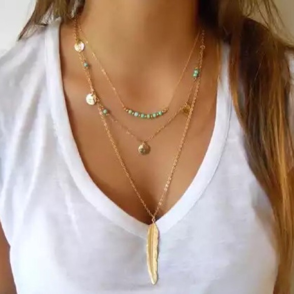 NNW multilayer  necklace with feather pendant
